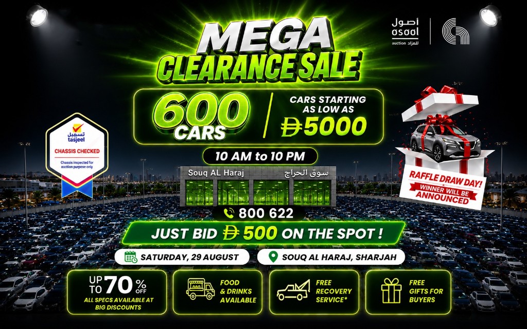 Marhaba Auctions Mega Clearance Sale in Sharjah featuring 600 cars starting from AED 500